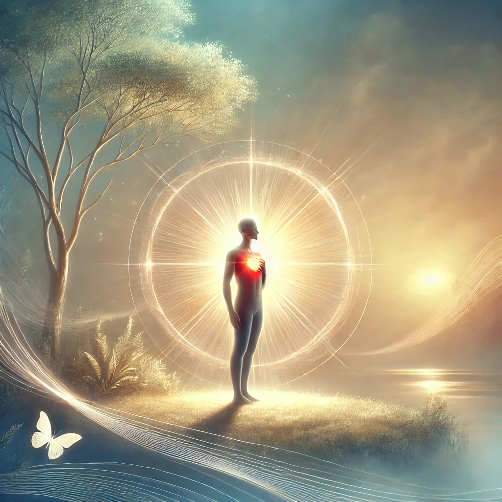 DALL·E 2025-03-12 02.54.42 - A serene and symbolic representation of a 'heart-led life'. The scene includes a person standing peacefully in a natural setting, like a sunlit forest
